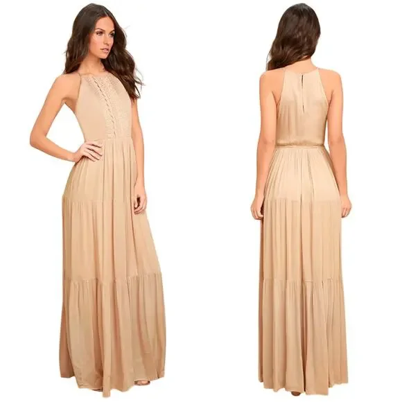 Lulus NWT For Life Beige Embroidered Maxi Dress Size S Crocheted Lace Gauzy - Picture 2 of 13